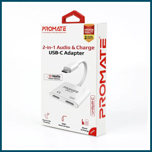 Promate 2-In-1 Audio & Charger USB-C Adapter