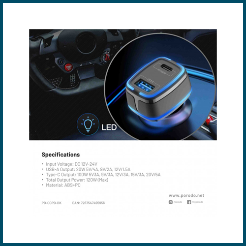 Porodo  Dual Output Car Charger