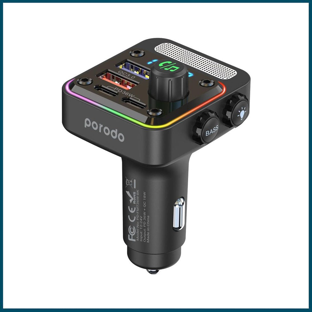 Porodo Quick-Charge FM Car Charger Dual USB-C & USB-A PD 36W (Black)
