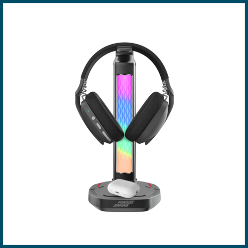 Porodo Gaming RGB Headphone Stand, Wireless Charging & USB-C Hub with Screen Lamp