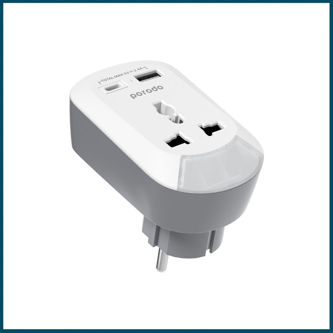 Porodo Universal AC Socket EU Plug Adapter with Nightlight, USB-A and USB-C (White/Grey)
