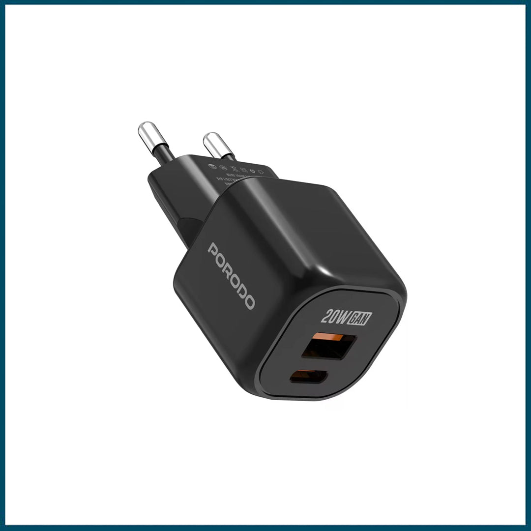 Porodo Dual Port GaN Wall Charger (20W) with 1.2-meter USB-C to Lightning cable