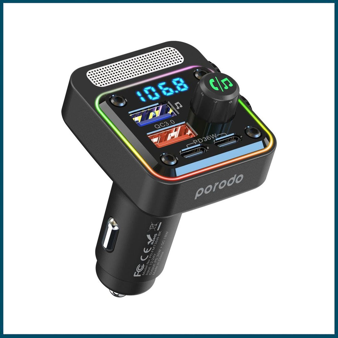 Porodo Quick-Charge FM Car Charger Dual USB-C & USB-A PD 36W (Black)